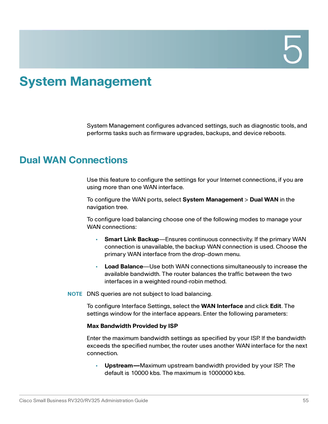 Cisco Systems RV325K9NA, RV320K9NA manual Dual WAN Connections, Max Bandwidth Provided by ISP 