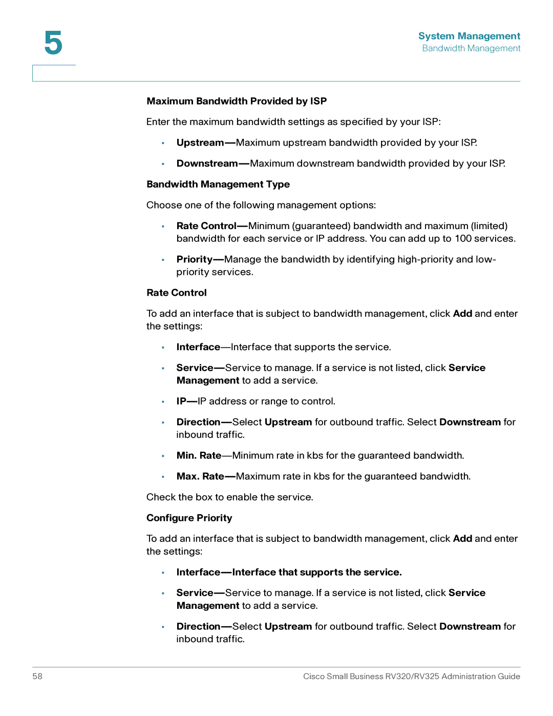 Cisco Systems RV320K9NA Maximum Bandwidth Provided by ISP, Bandwidth Management Type, Rate Control, Configure Priority 