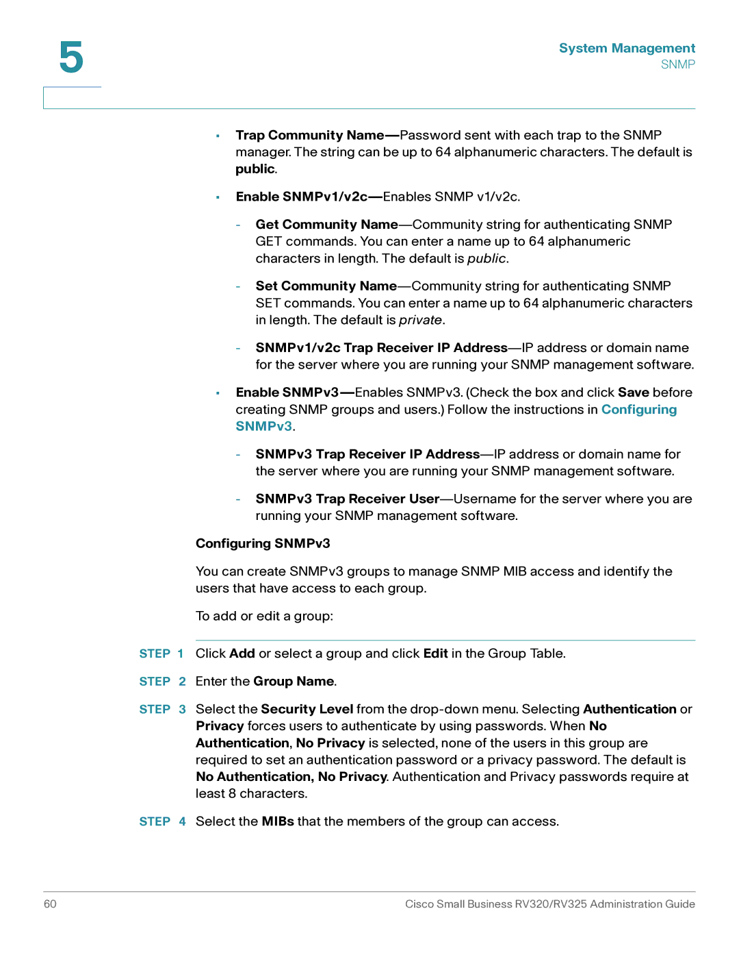 Cisco Systems RV320K9NA, RV325K9NA manual Configuring SNMPv3 
