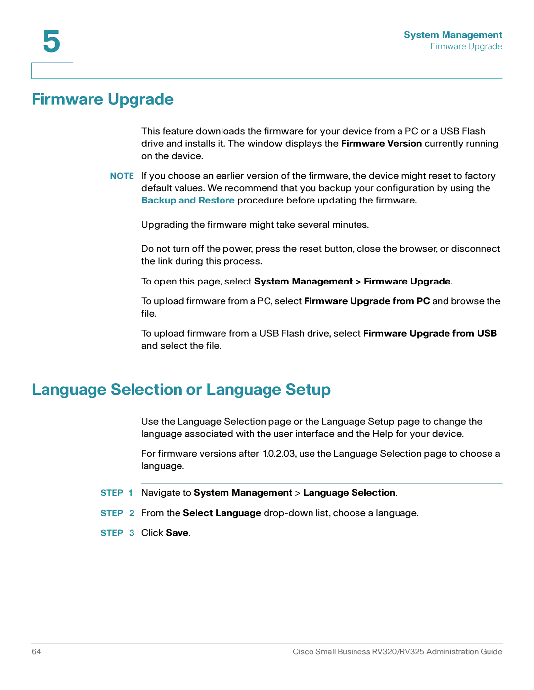 Cisco Systems RV320K9NA, RV325K9NA manual Firmware Upgrade, Language Selection or Language Setup 