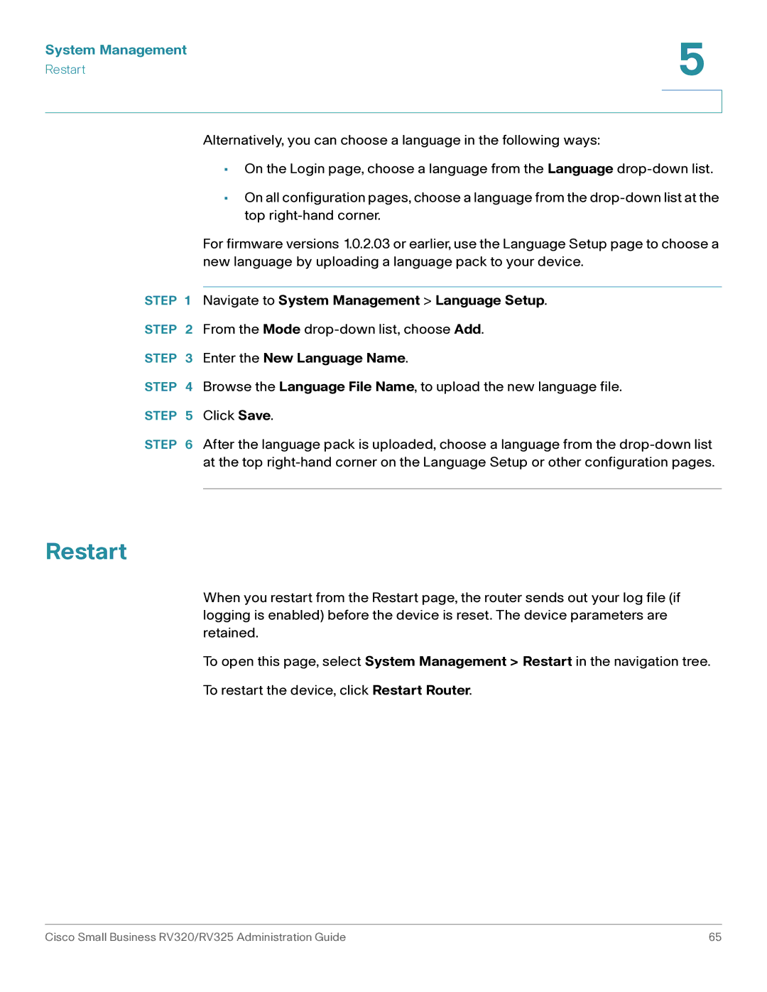 Cisco Systems RV325K9NA, RV320K9NA manual Restart, Navigate to System Management Language Setup, Enter the New Language Name 