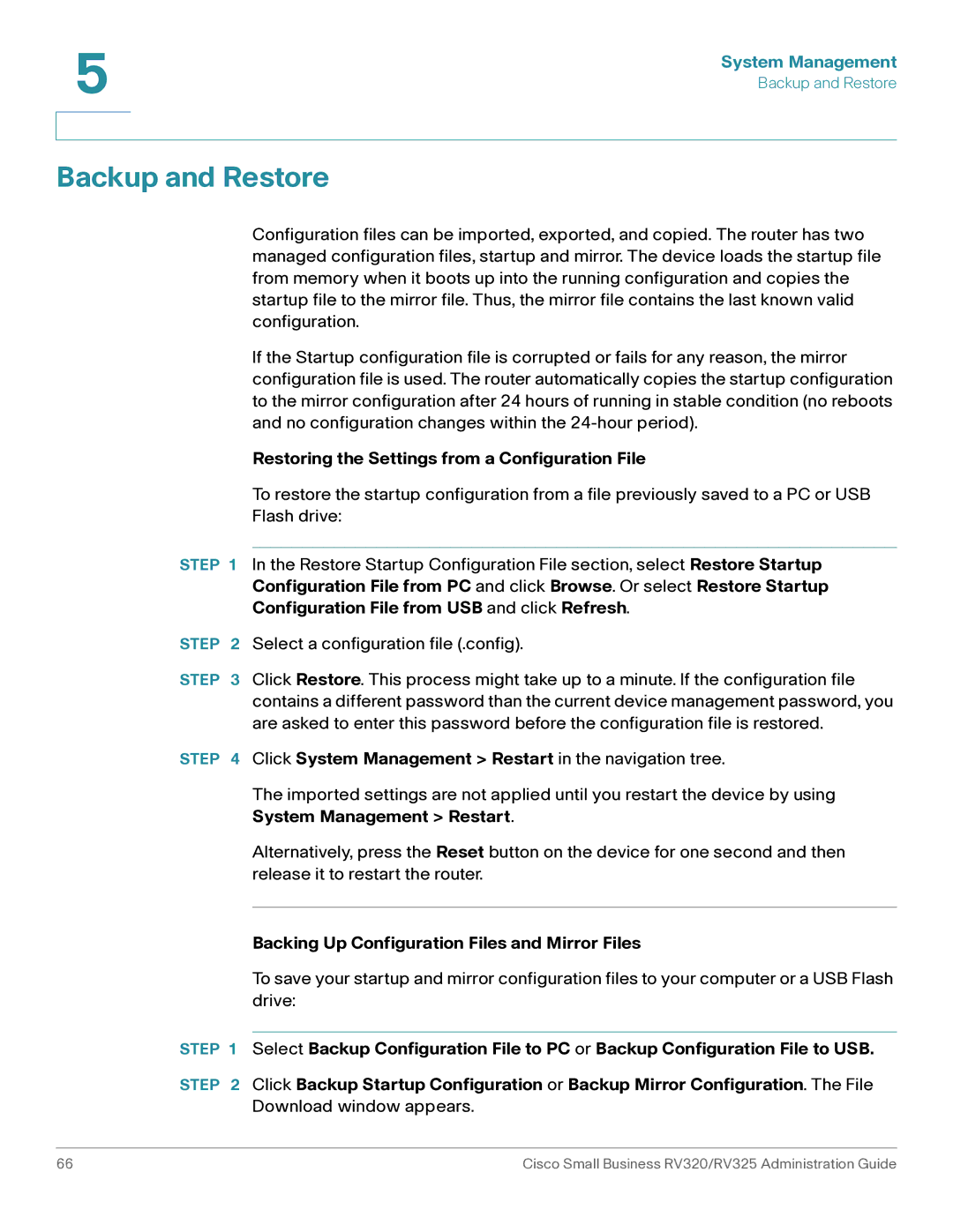 Cisco Systems RV320K9NA Backup and Restore, Restoring the Settings from a Configuration File, System Management Restart 