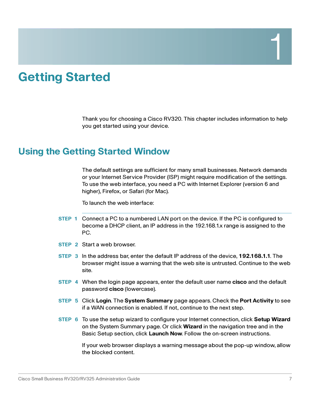 Cisco Systems RV325K9NA, RV320K9NA manual Using the Getting Started Window 