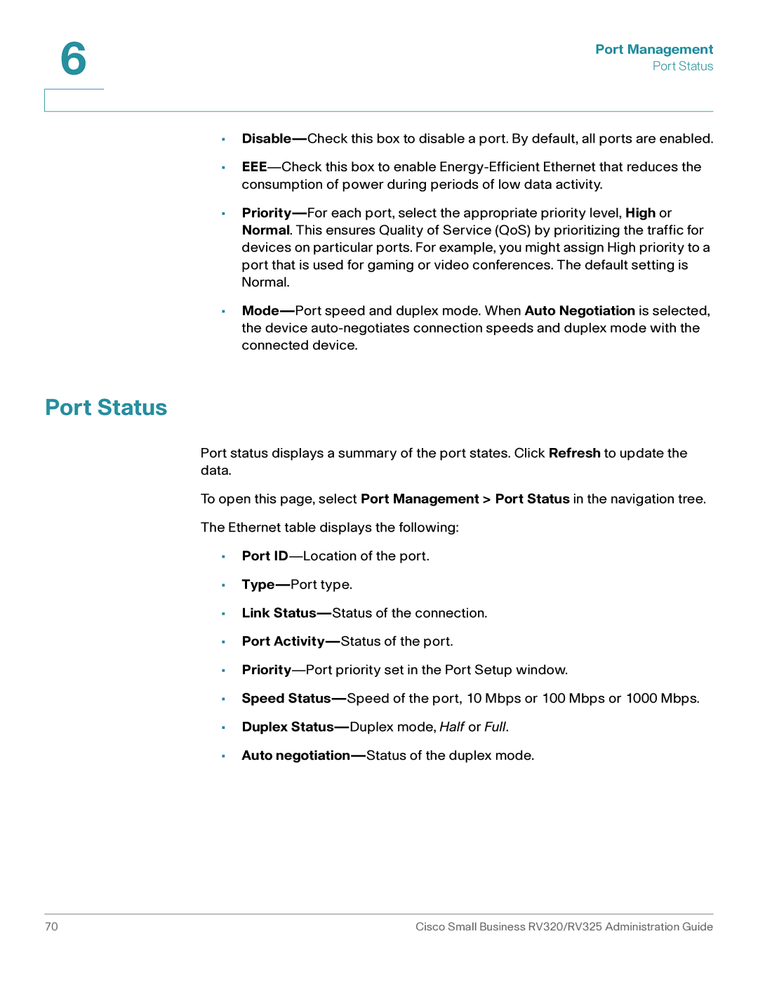 Cisco Systems RV320K9NA, RV325K9NA manual Port Status, Port Management 