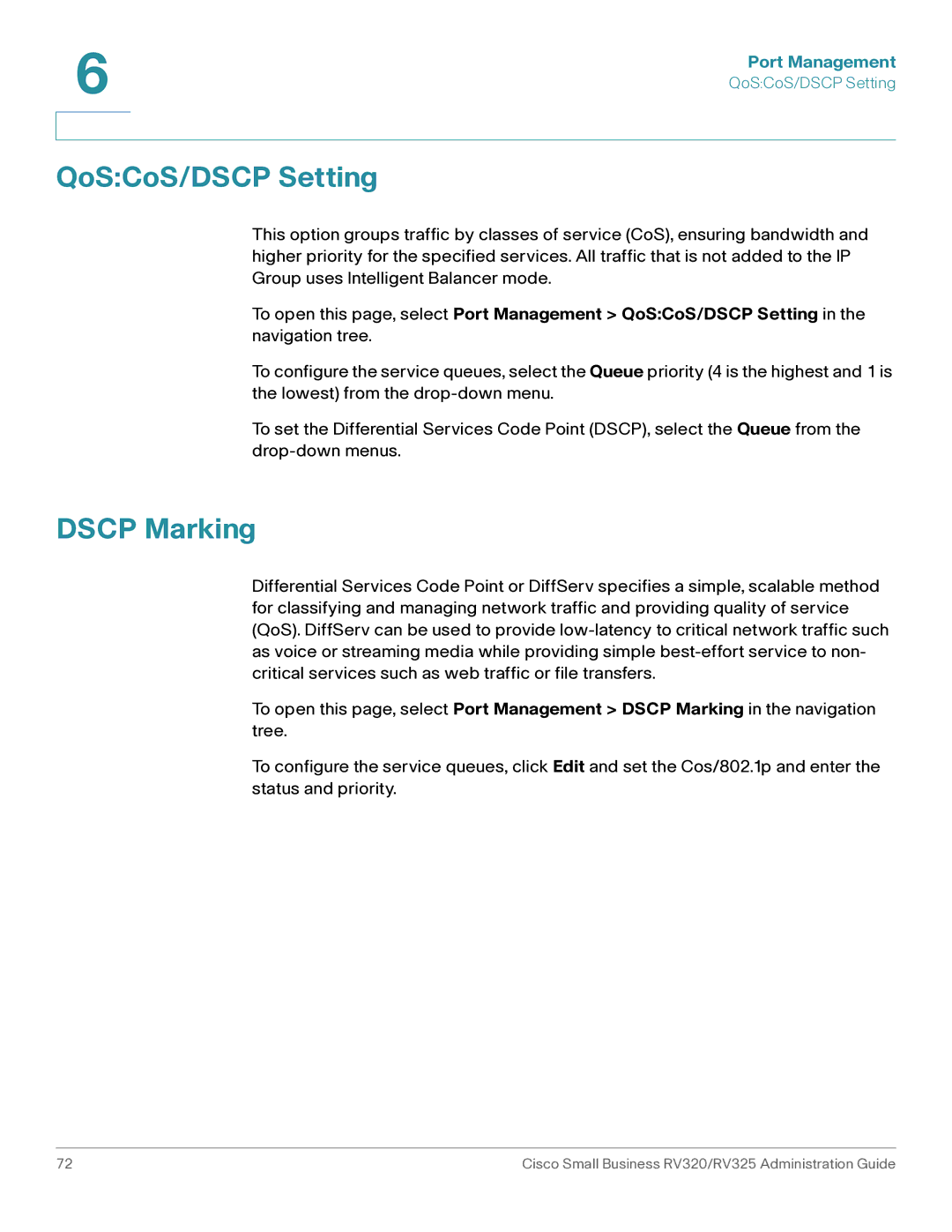 Cisco Systems RV320K9NA, RV325K9NA manual QoSCoS/DSCP Setting, Dscp Marking 