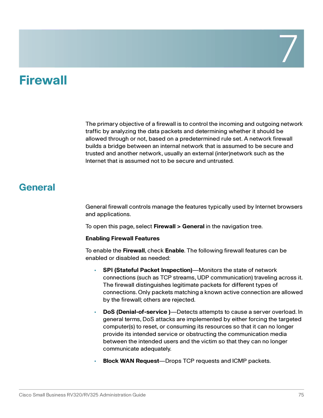 Cisco Systems RV325K9NA, RV320K9NA manual General, Enabling Firewall Features 