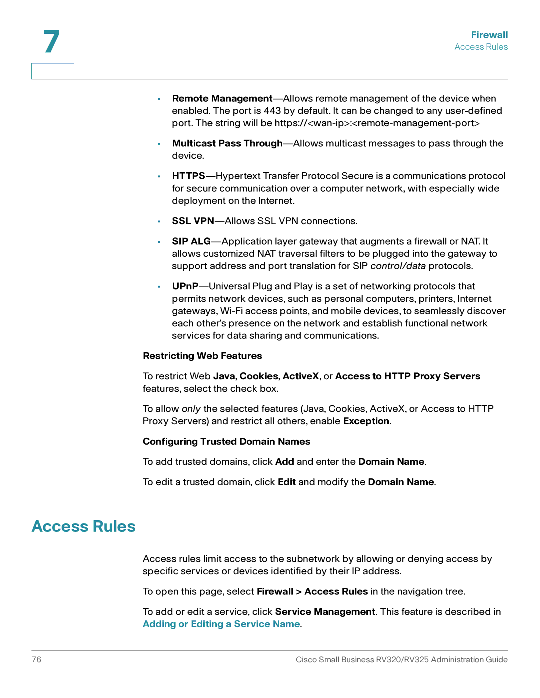 Cisco Systems RV320K9NA, RV325K9NA manual Access Rules, Configuring Trusted Domain Names 