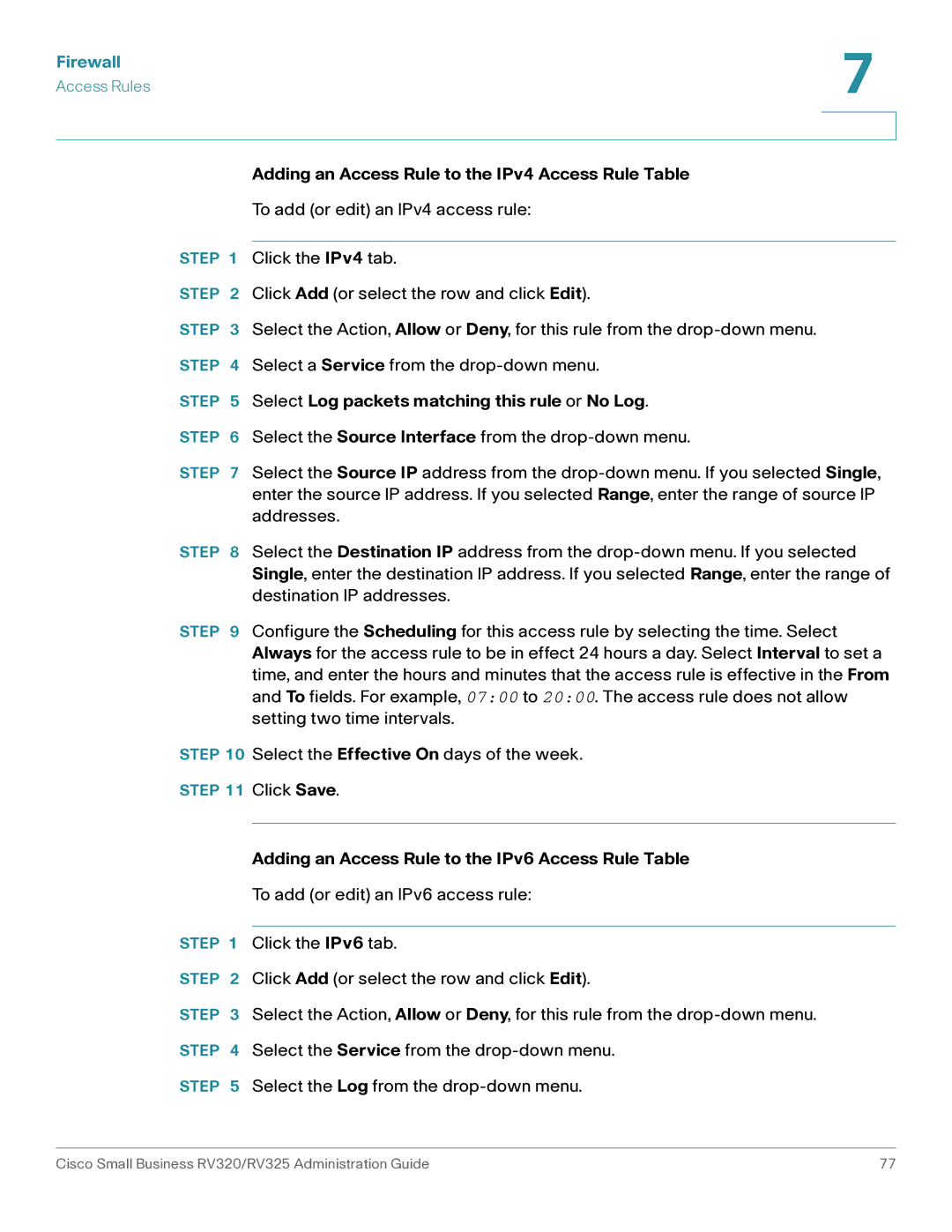 Cisco Systems RV325K9NA, RV320K9NA manual Adding an Access Rule to the IPv4 Access Rule Table 
