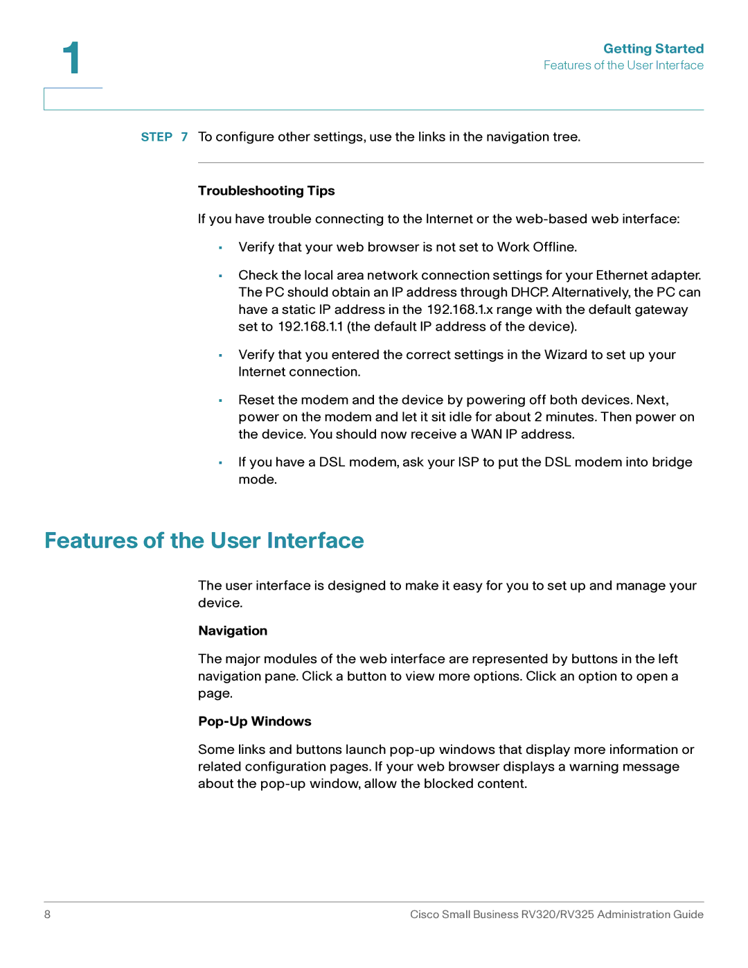 Cisco Systems RV320K9NA, RV325K9NA manual Features of the User Interface, Troubleshooting Tips, Navigation, Pop-Up Windows 