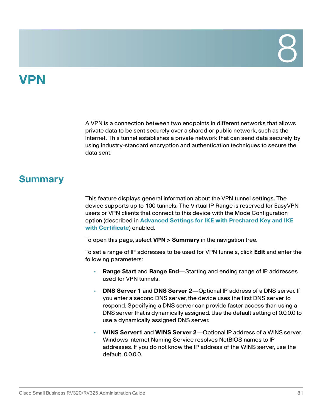 Cisco Systems RV325K9NA, RV320K9NA manual Vpn, Summary 