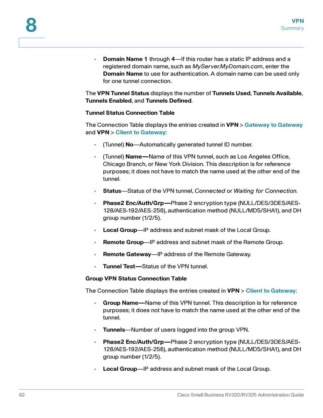 Cisco Systems RV320K9NA, RV325K9NA manual Vpn, Group VPN Status Connection Table 