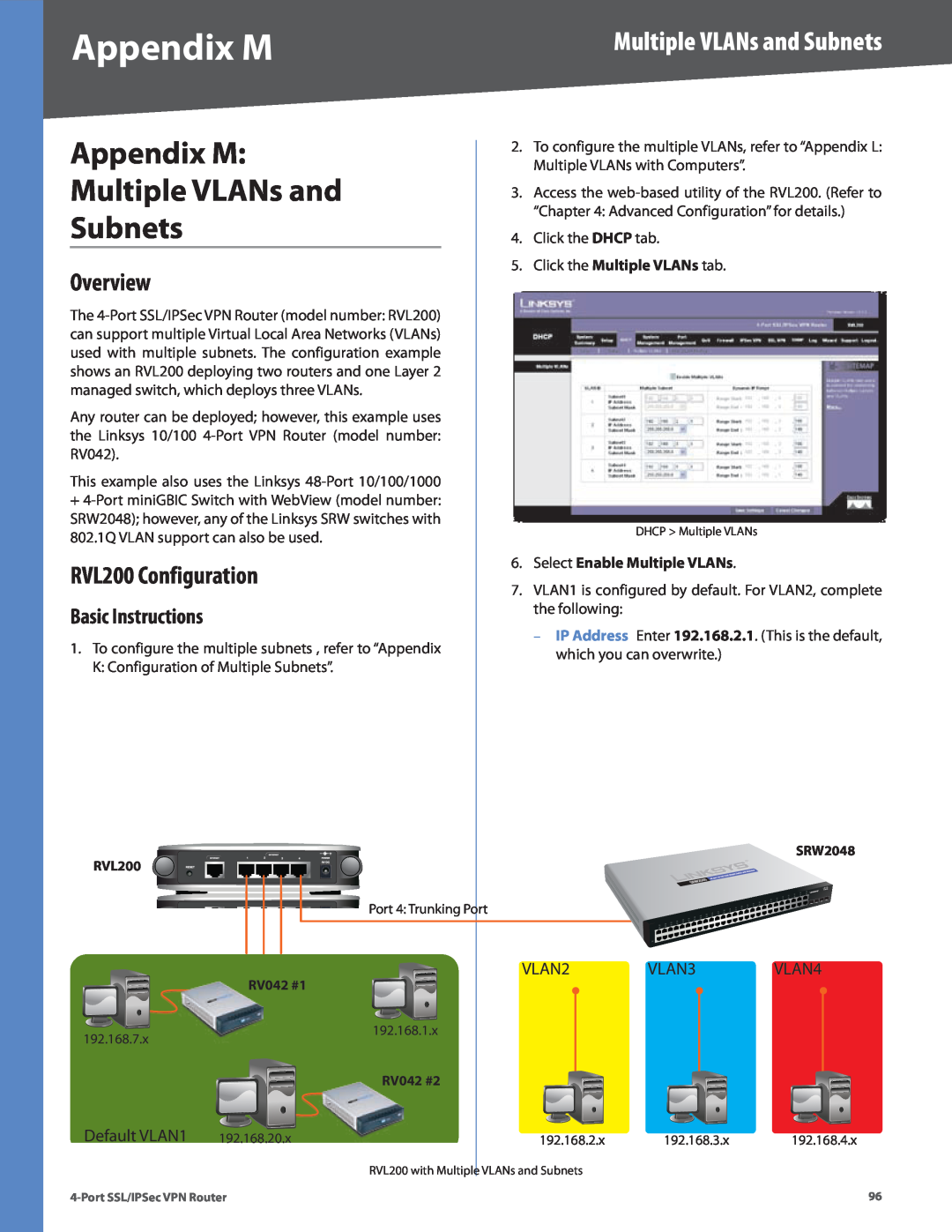 Cisco Systems manual Appendix M, RVL200 Configuration, Basic Instructions, Multiple VLANs and Subnets, VLAN2, VLAN3 