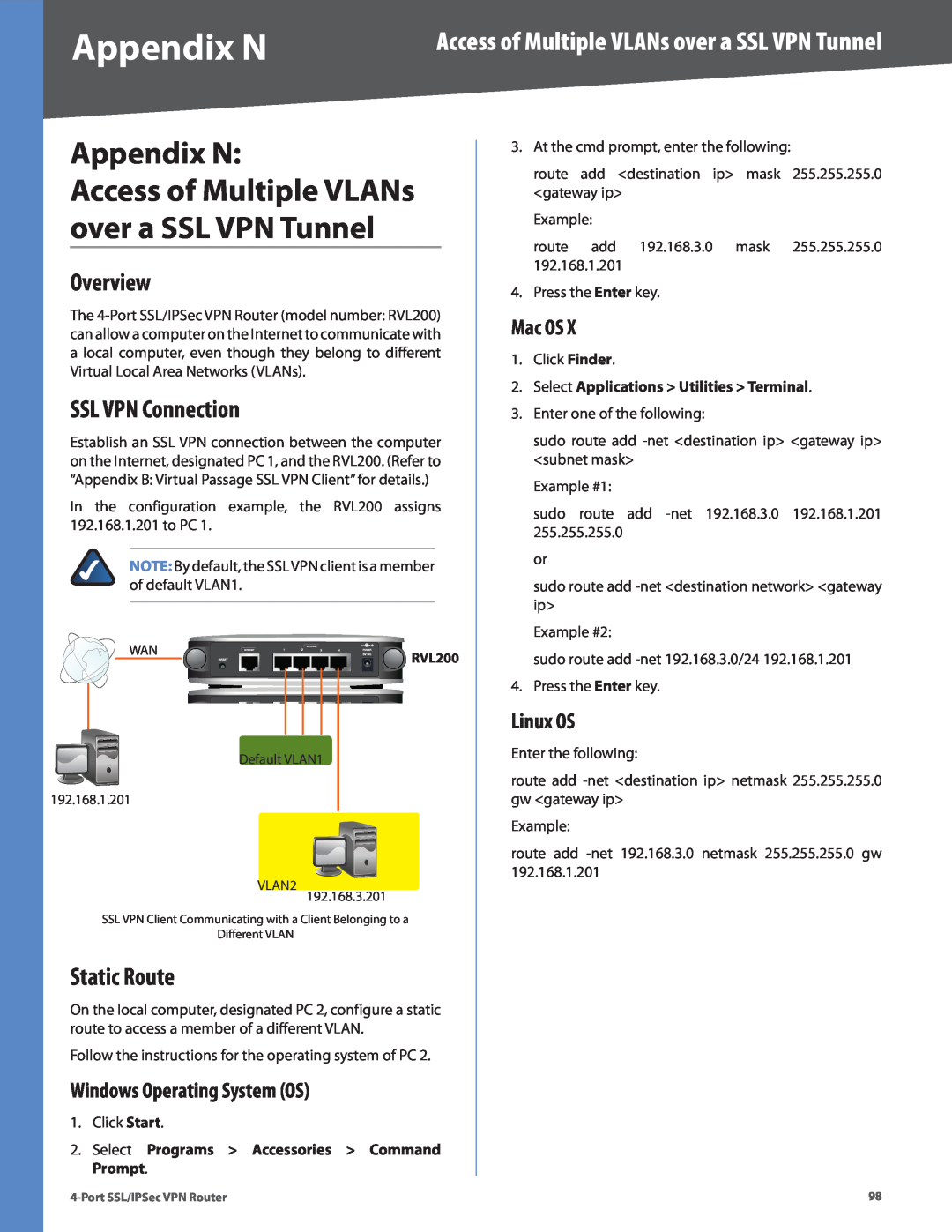 Cisco Systems RVL200 Appendix N, Access of Multiple VLANs, over a SSL VPN Tunnel, Static Route, Mac OS, SSL VPN Connection 
