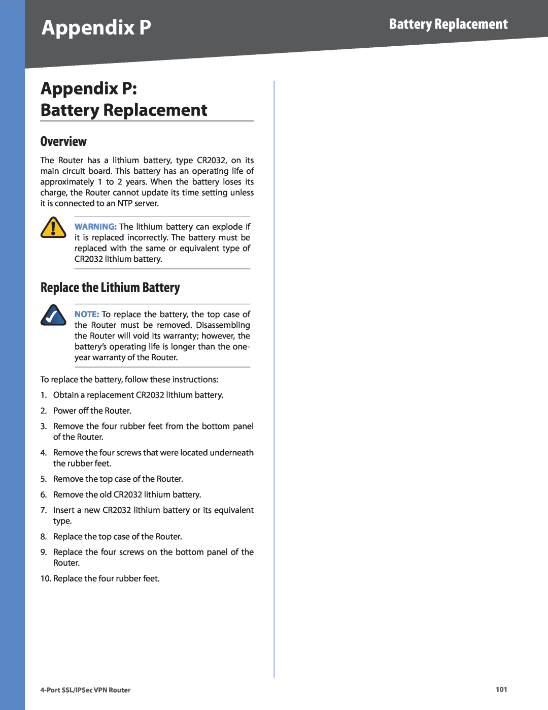 Cisco Systems RVL200 manual Appendix P Battery Replacement, Replace the Lithium Battery, Overview 