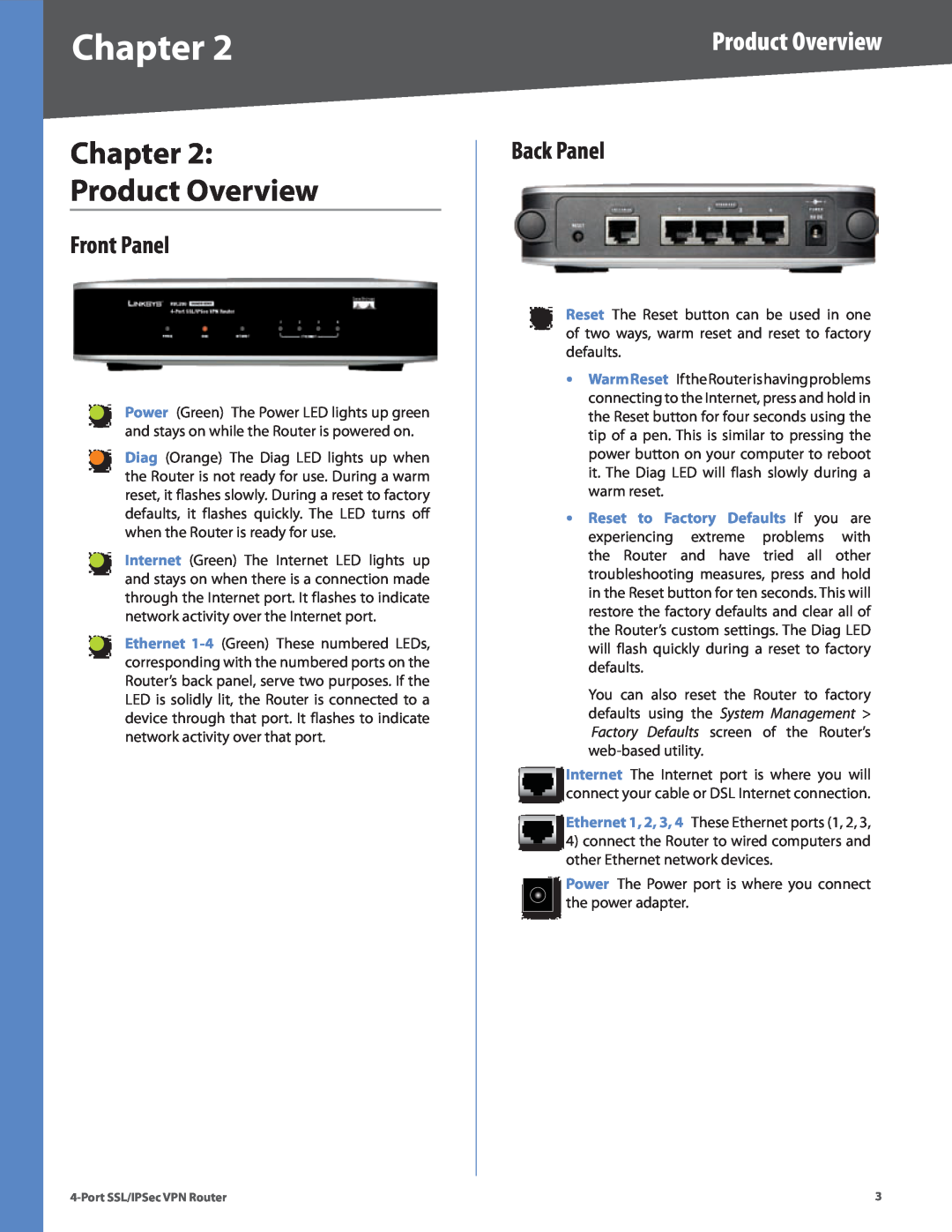 Cisco Systems RVL200 manual Chapter Product Overview, Front Panel, Back Panel 