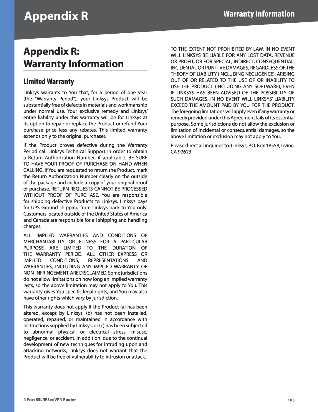 Cisco Systems RVL200 manual Appendix R Warranty Information, Limited Warranty 