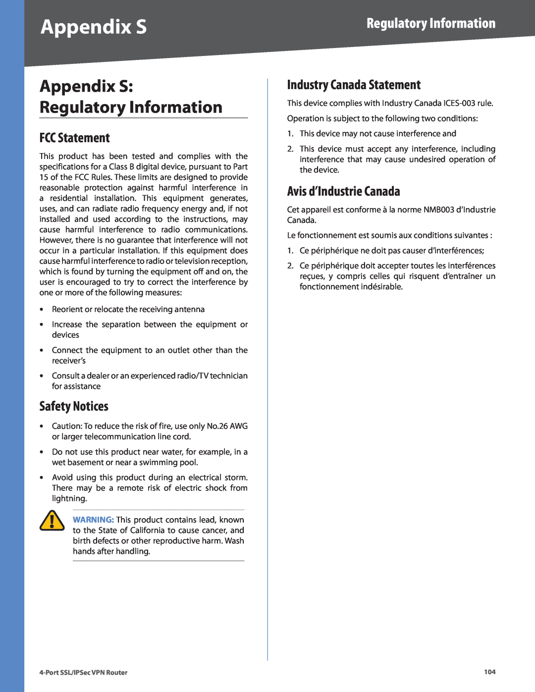 Cisco Systems RVL200 manual Appendix S Regulatory Information, FCC Statement, Safety Notices, Industry Canada Statement 