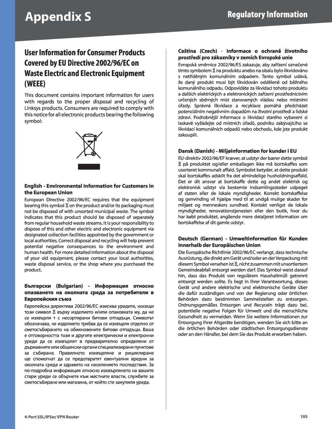 Cisco Systems RVL200 manual Regulatory Information, Dansk Danish - Miljøinformation for kunder i EU, Appendix S 
