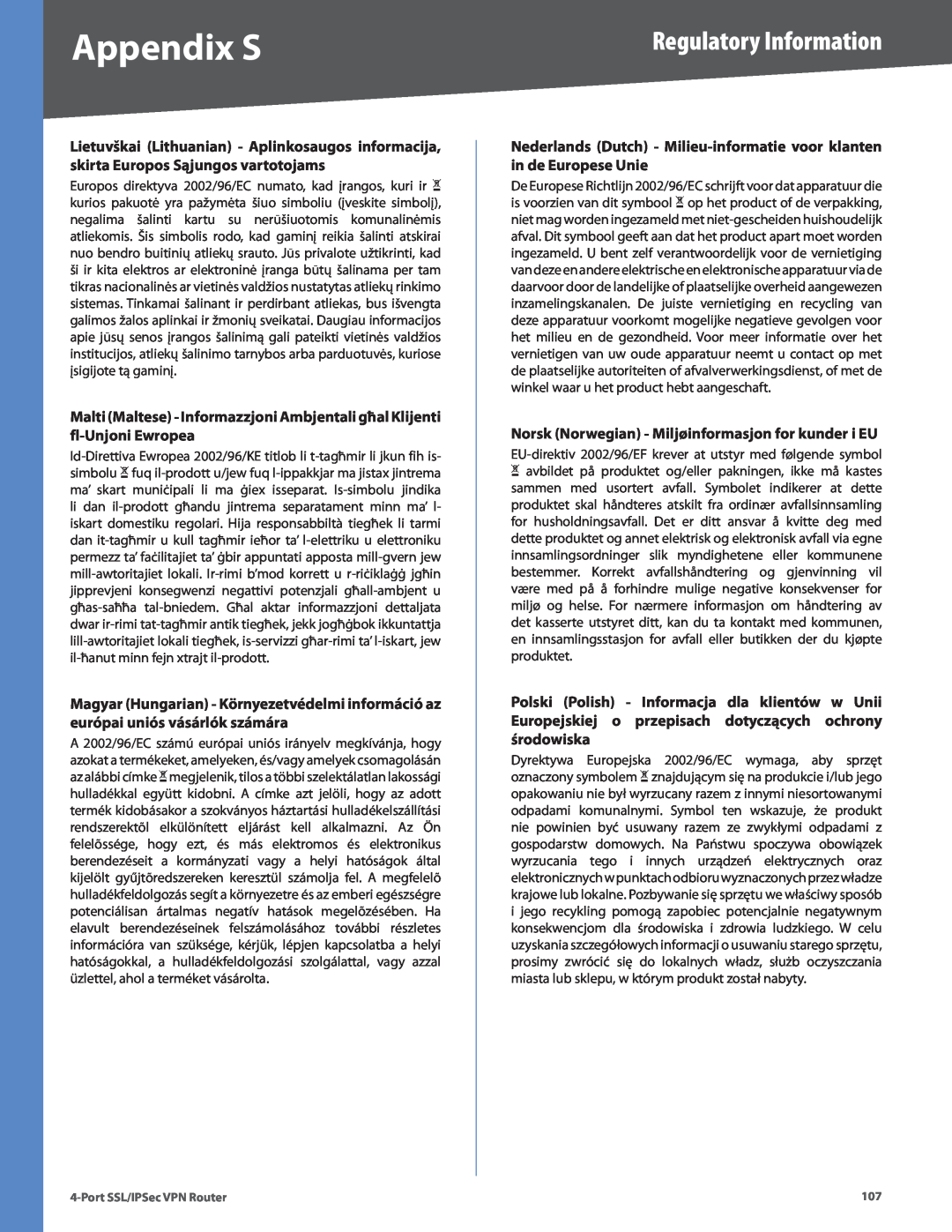 Cisco Systems RVL200 manual Nederlands Dutch - Milieu-informatie voor klanten in de Europese Unie, Appendix S 