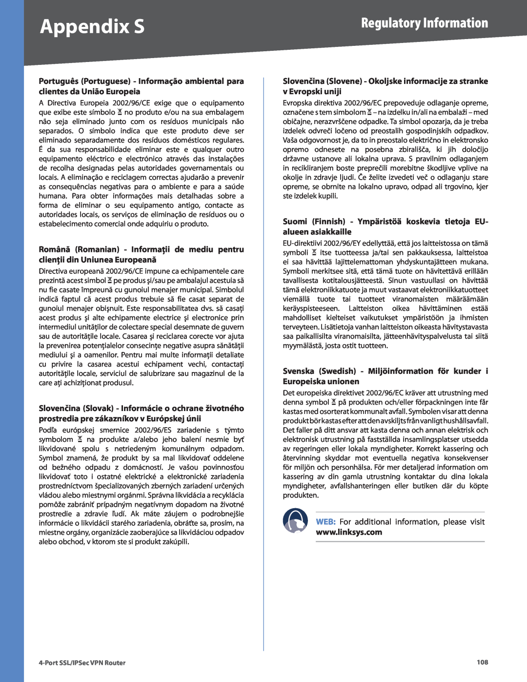 Cisco Systems RVL200 manual Slovenčina Slovene - Okoljske informacije za stranke v Evropski uniji, Appendix S 