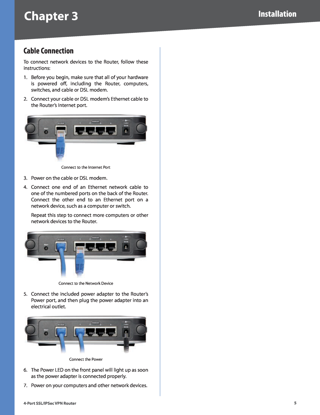 Cisco Systems RVL200 manual Cable Connection, Installation, Chapter 