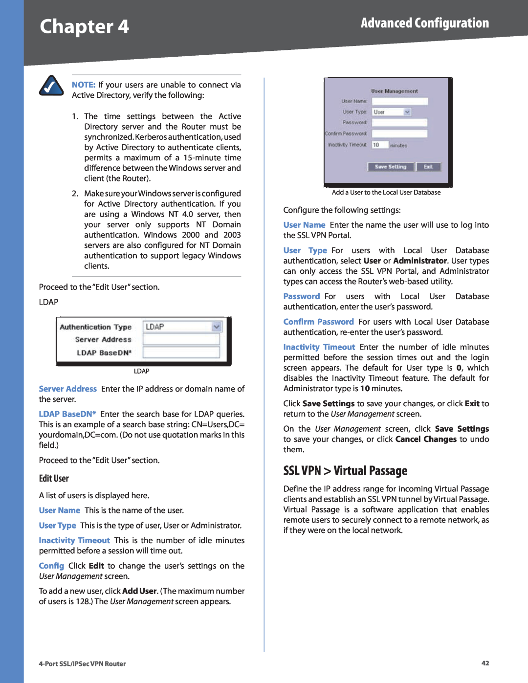 Cisco Systems RVL200 manual SSL VPN Virtual Passage, Edit User, Chapter, Advanced Configuration 