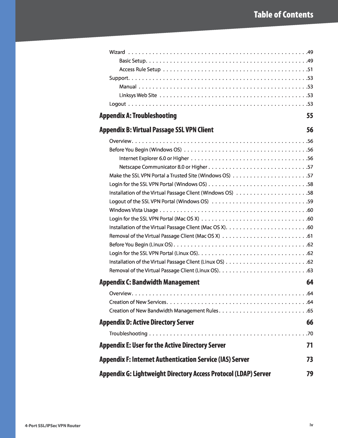 Cisco Systems RVL200 manual Appendix A Troubleshooting, Appendix B Virtual Passage SSL VPN Client, Table of Contents 