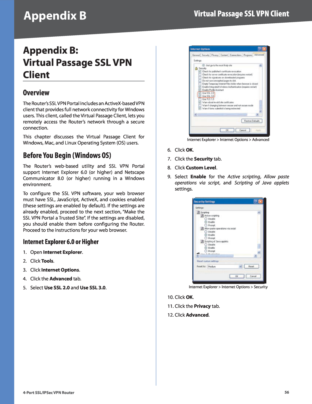 Cisco Systems RVL200 Appendix B Virtual Passage SSL VPN Client, Before You Begin Windows OS, Overview, Click Advanced 