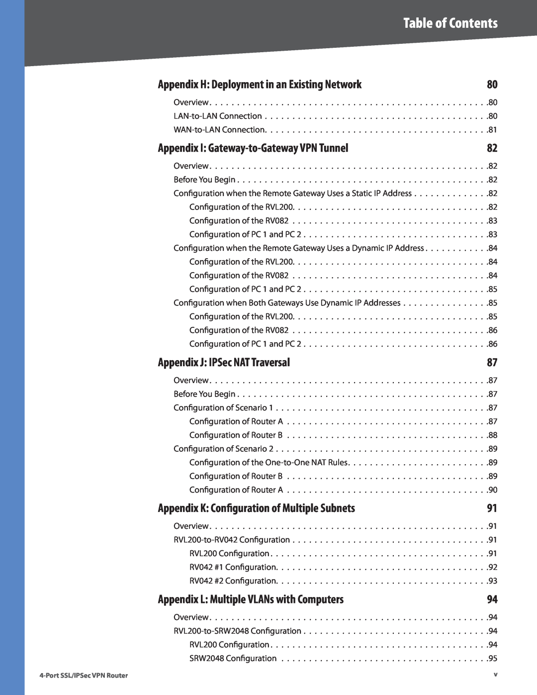 Cisco Systems RVL200 manual Appendix I Gateway-to-Gateway VPN Tunnel, Appendix J IPSec NAT Traversal, Table of Contents 