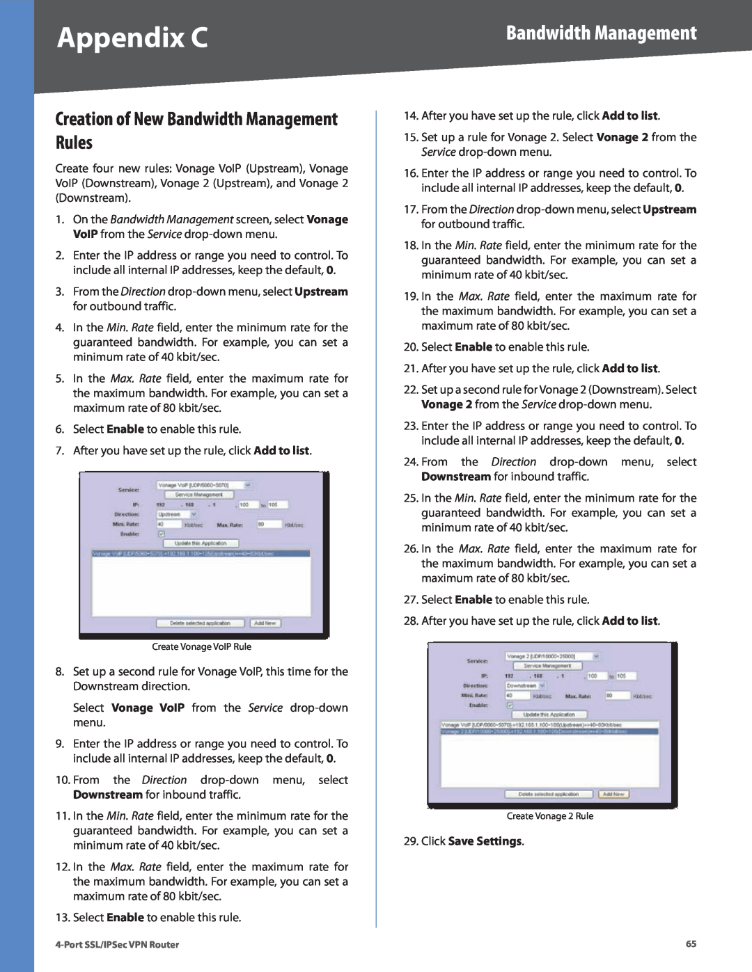 Cisco Systems RVL200 manual Creation of New Bandwidth Management Rules, Click Save Settings, Appendix C 