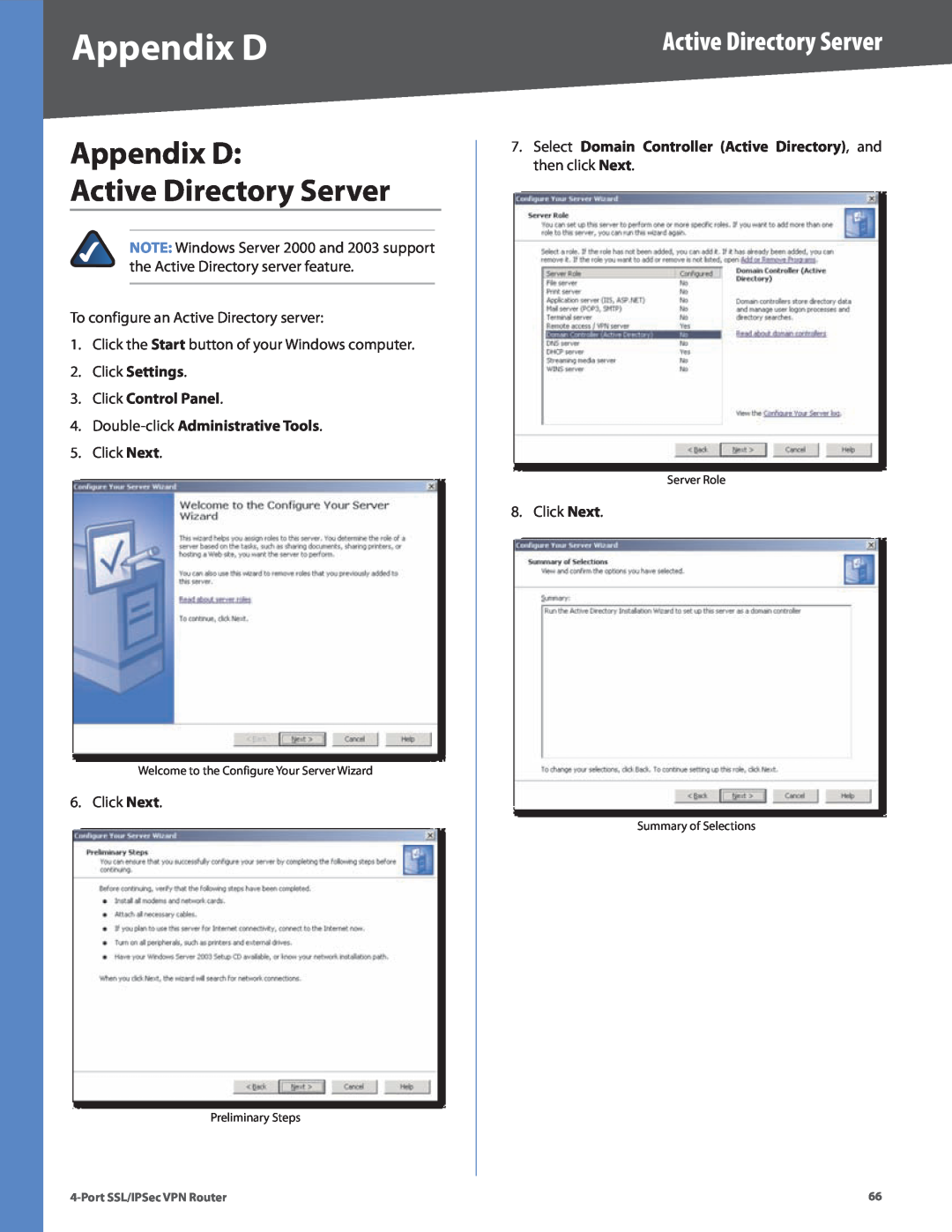 Cisco Systems RVL200 manual Appendix D Active Directory Server, Click Settings 3. Click Control Panel 