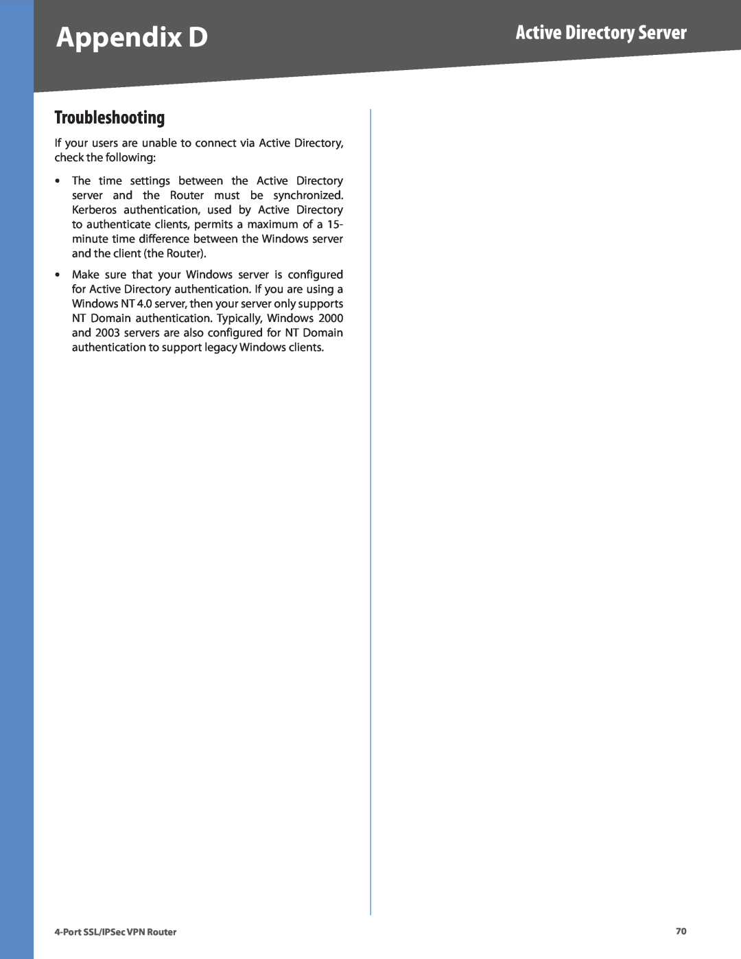 Cisco Systems RVL200 manual Troubleshooting, Appendix D, Active Directory Server 