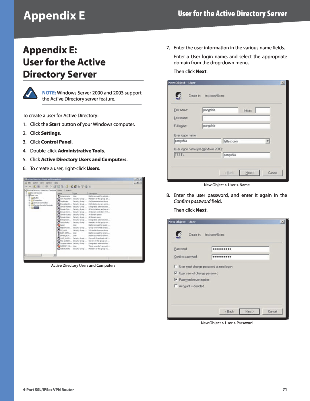 Cisco Systems RVL200 manual Appendix E User for the Active Directory Server, Click Active Directory Users and Computers 