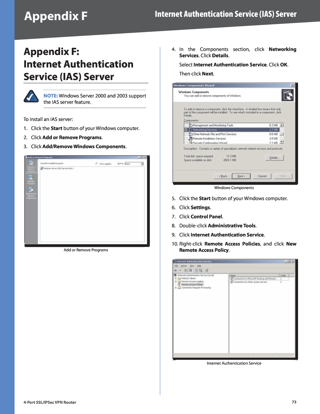 Cisco Systems RVL200 manual Appendix F Internet Authentication Service IAS Server, Click Add or Remove Programs 