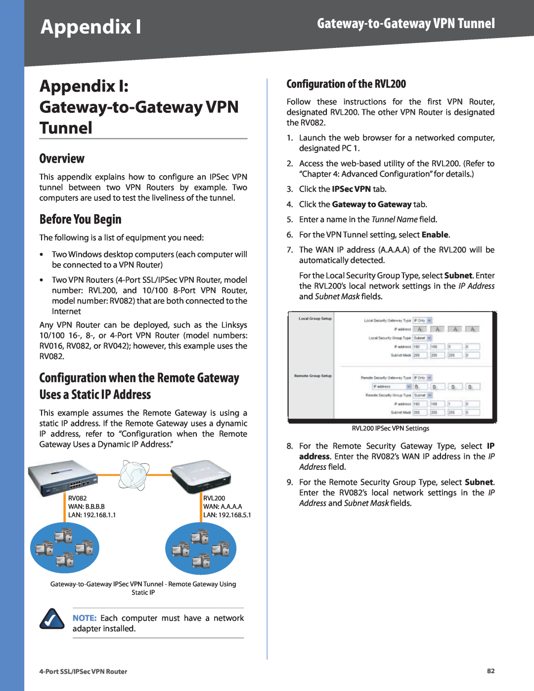 Cisco Systems Appendix Gateway-to-Gateway VPN Tunnel, Configuration of the RVL200, Click the Gateway to Gateway tab 
