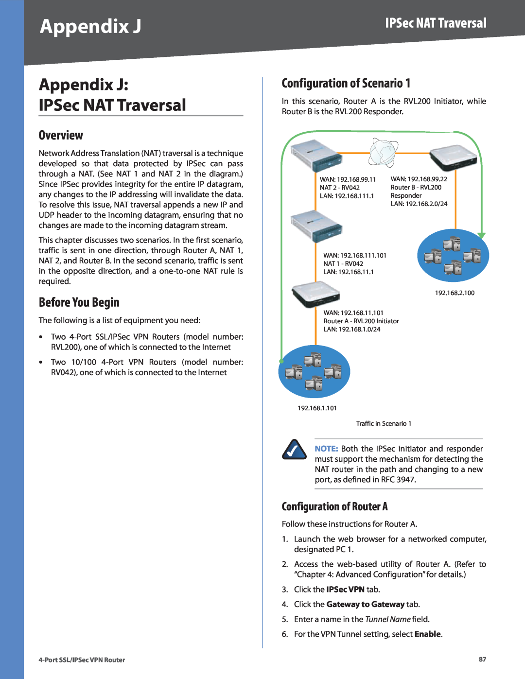 Cisco Systems RVL200 Appendix J IPSec NAT Traversal, Configuration of Scenario, Configuration of Router A, Overview 