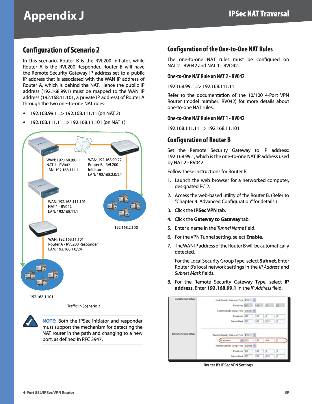 Cisco Systems RVL200 manual Configuration of the One-to-One NAT Rules, One-to-One NAT Rule on NAT 2 - RV042, Appendix J 