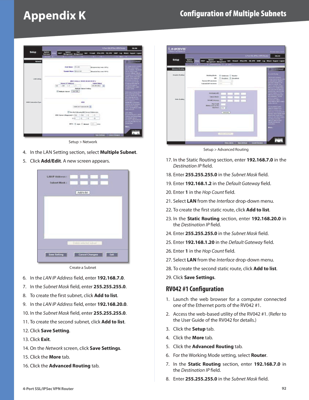 Cisco Systems RVL200 manual RV042 #1 Configuration, Click Save Setting, Click the Advanced Routing tab 