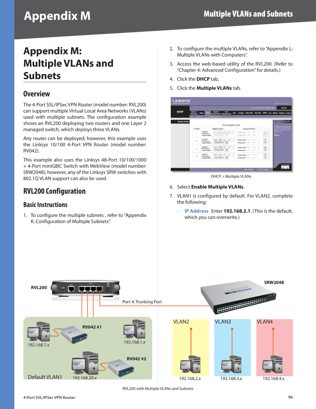 Cisco Systems manual Appendix M, Multiple VLANs, RVL200 Configuration, Basic Instructions 