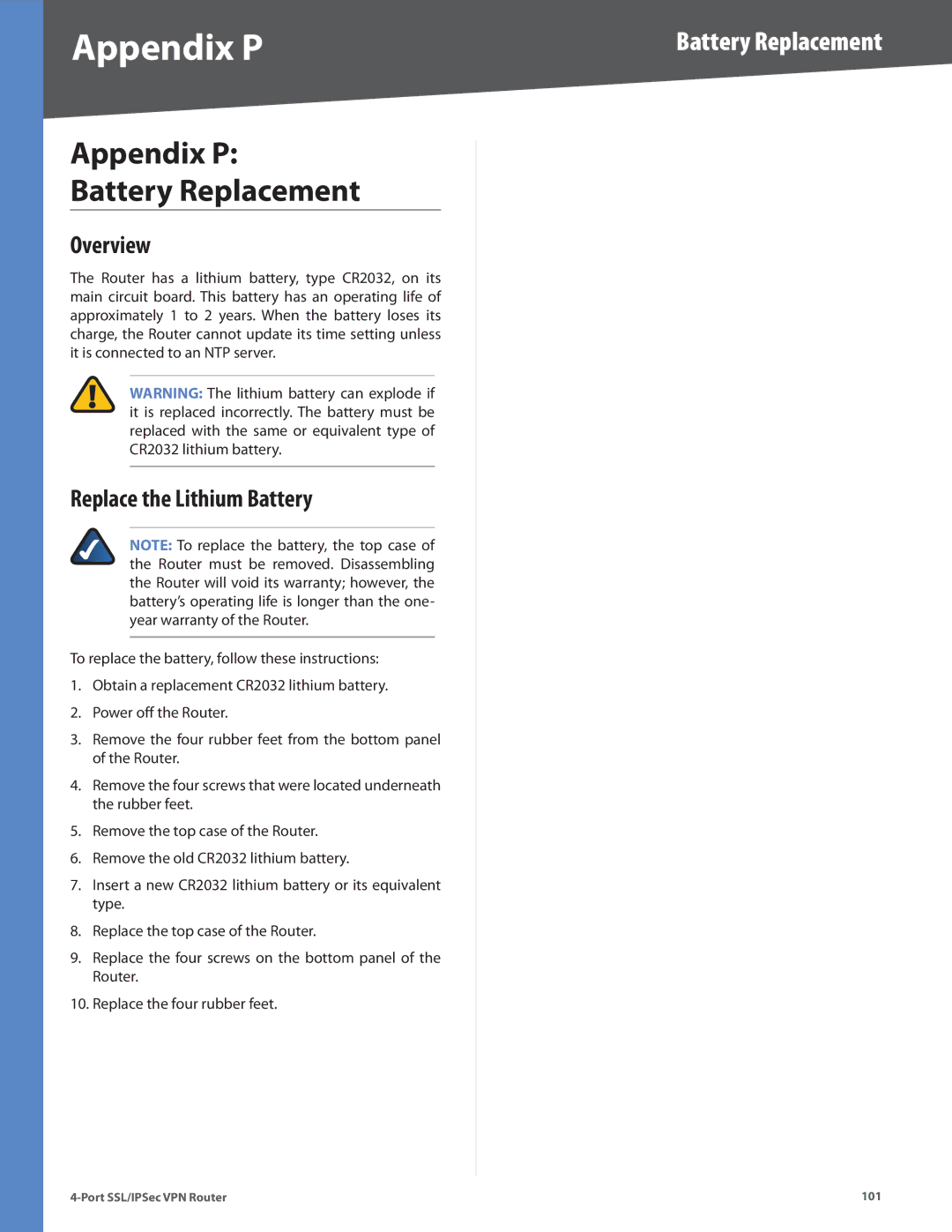 Cisco Systems RVL200 manual Appendix P Battery Replacement, Replace the Lithium Battery 