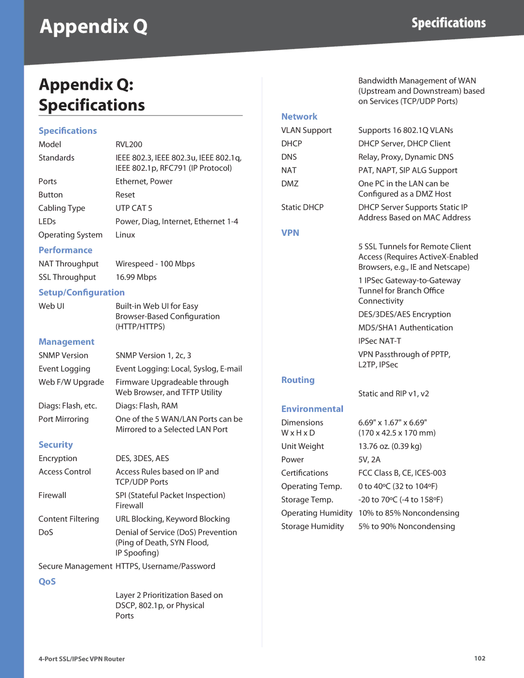 Cisco Systems RVL200 manual Appendix Q Specifications 