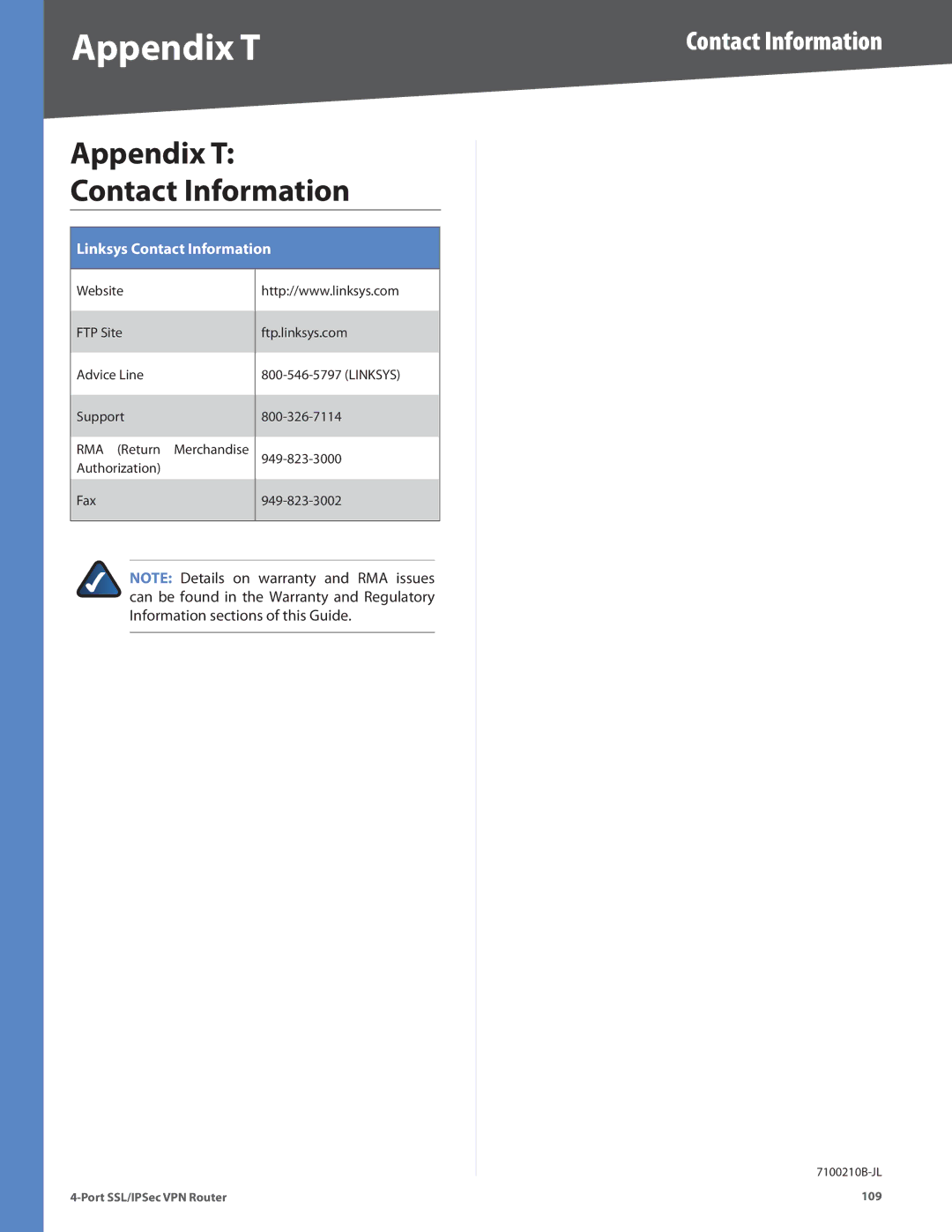 Cisco Systems RVL200 manual Appendix T, Contact Information 