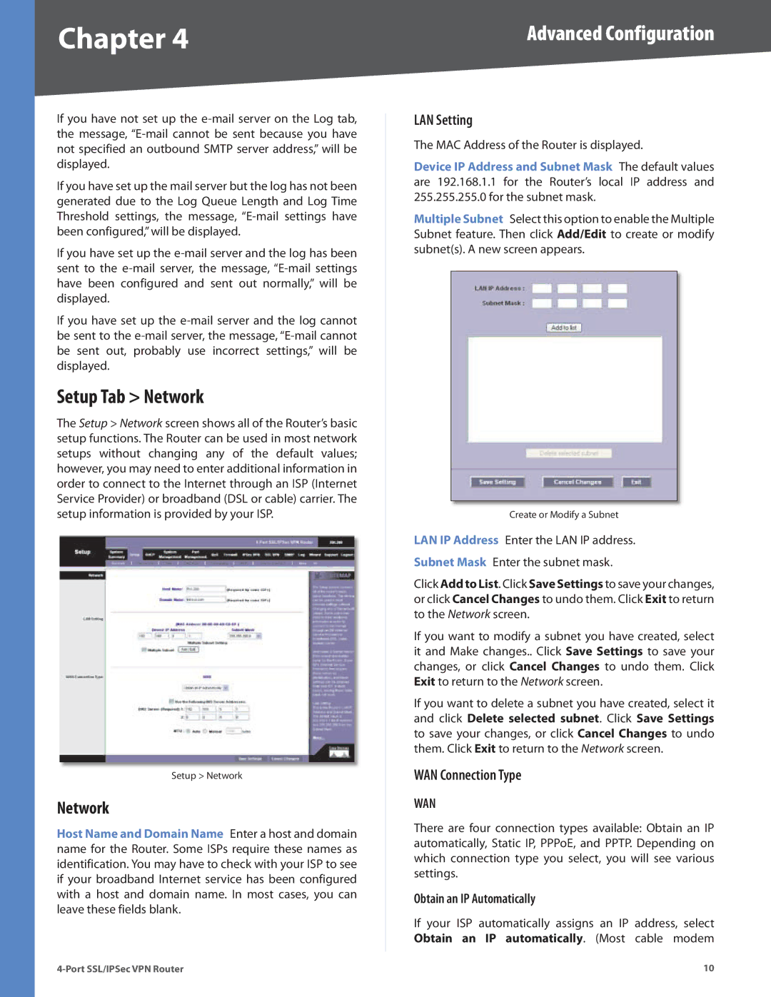 Cisco Systems RVL200 manual Setup Tab Network, LAN Setting, WAN Connection Type, Obtain an IP Automatically 