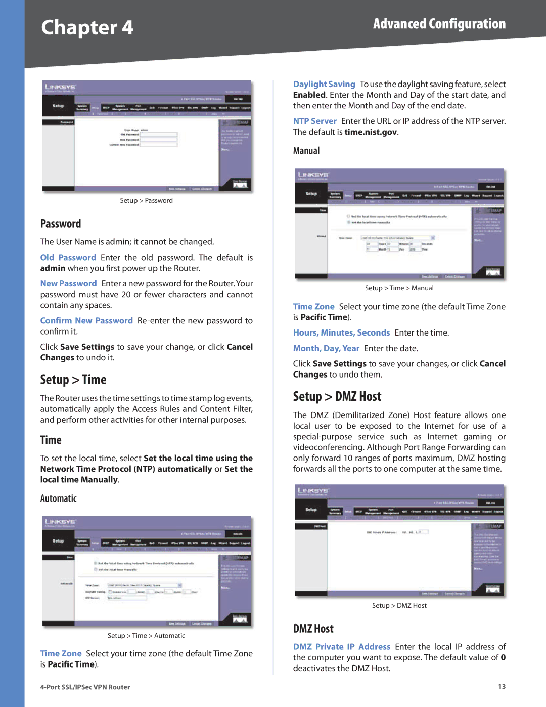 Cisco Systems RVL200 manual Setup Time, Setup DMZ Host, Password 