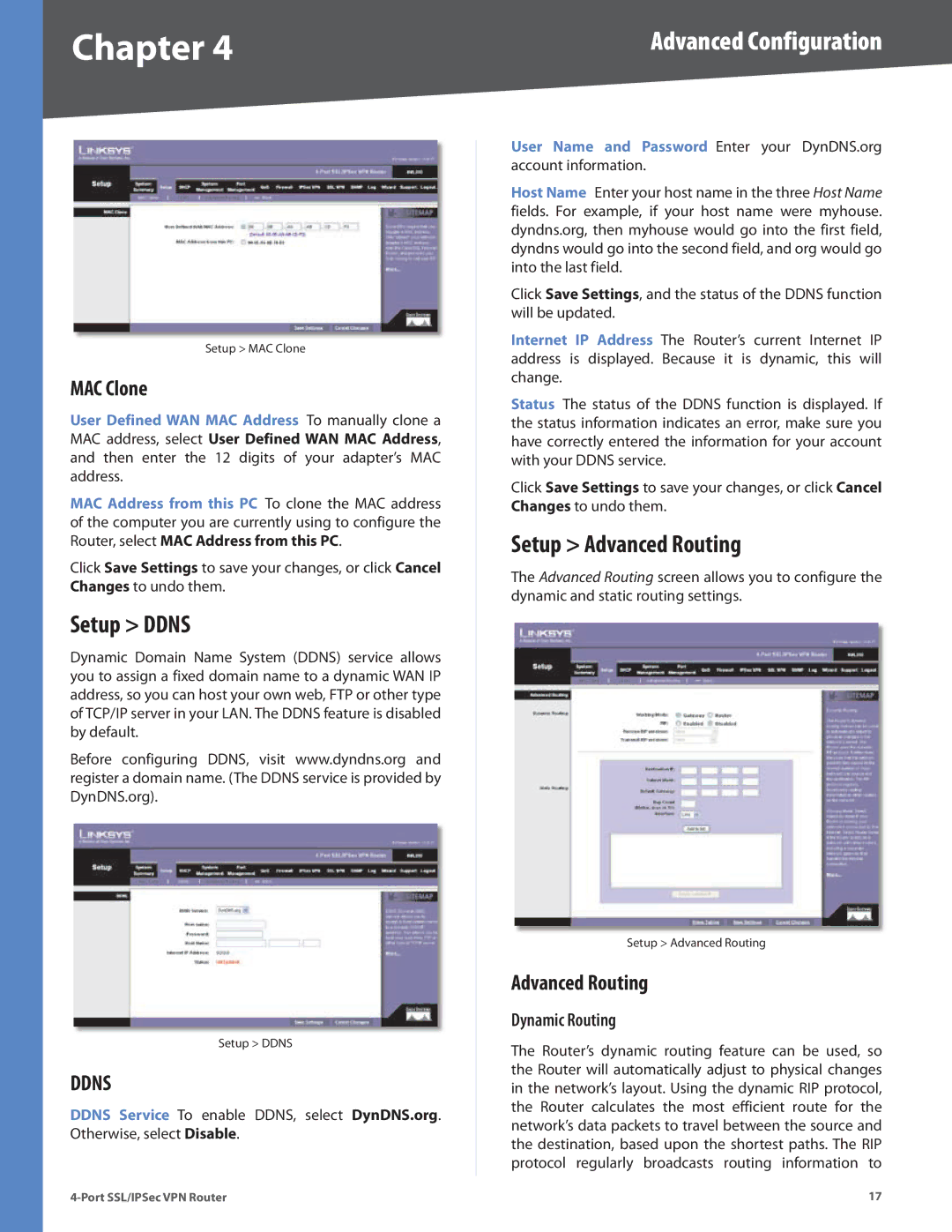 Cisco Systems RVL200 manual Setup Ddns, Setup Advanced Routing, MAC Clone, Dynamic Routing 