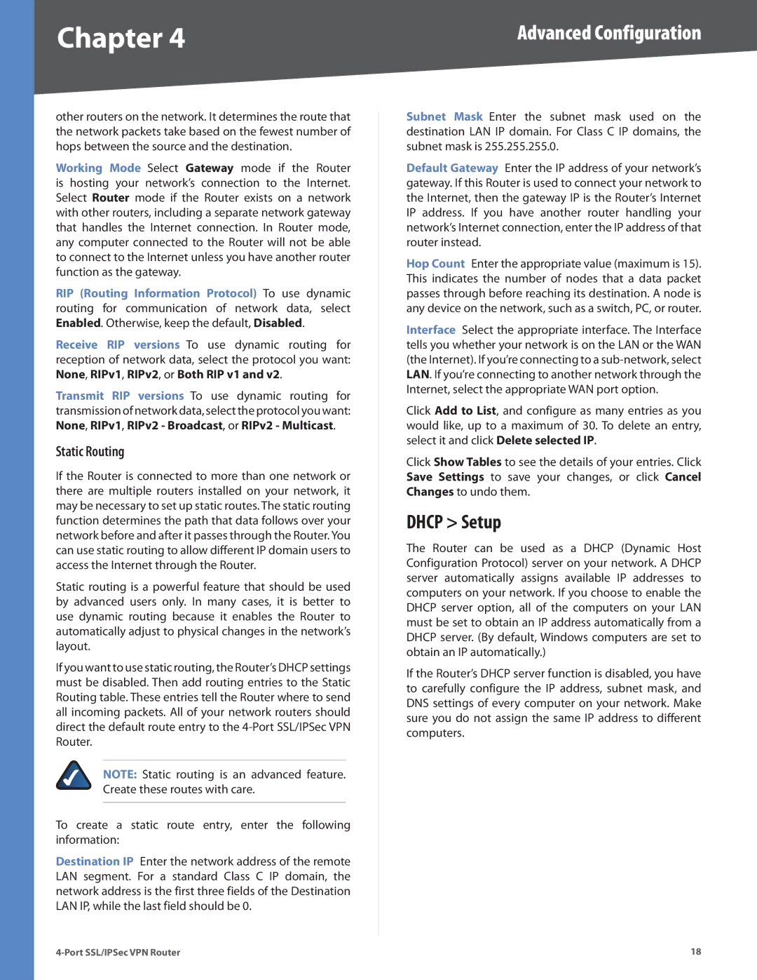 Cisco Systems RVL200 manual Dhcp Setup, Static Routing 