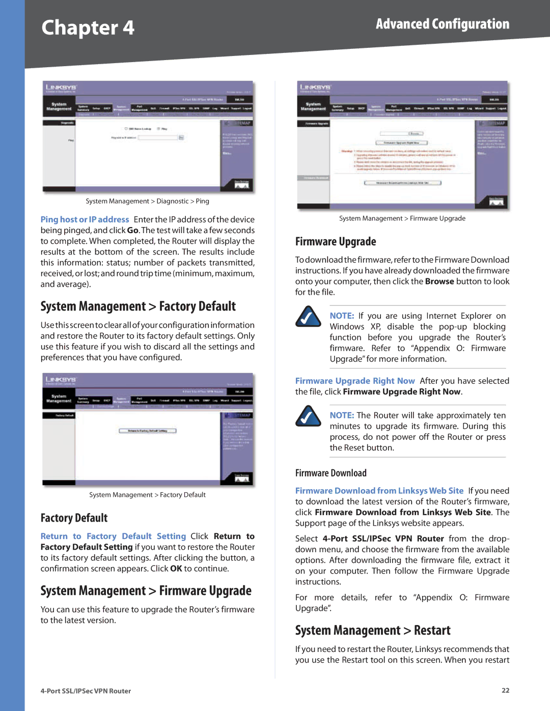 Cisco Systems RVL200 manual System Management Restart, Factory Default, Firmware Upgrade, Firmware Download 