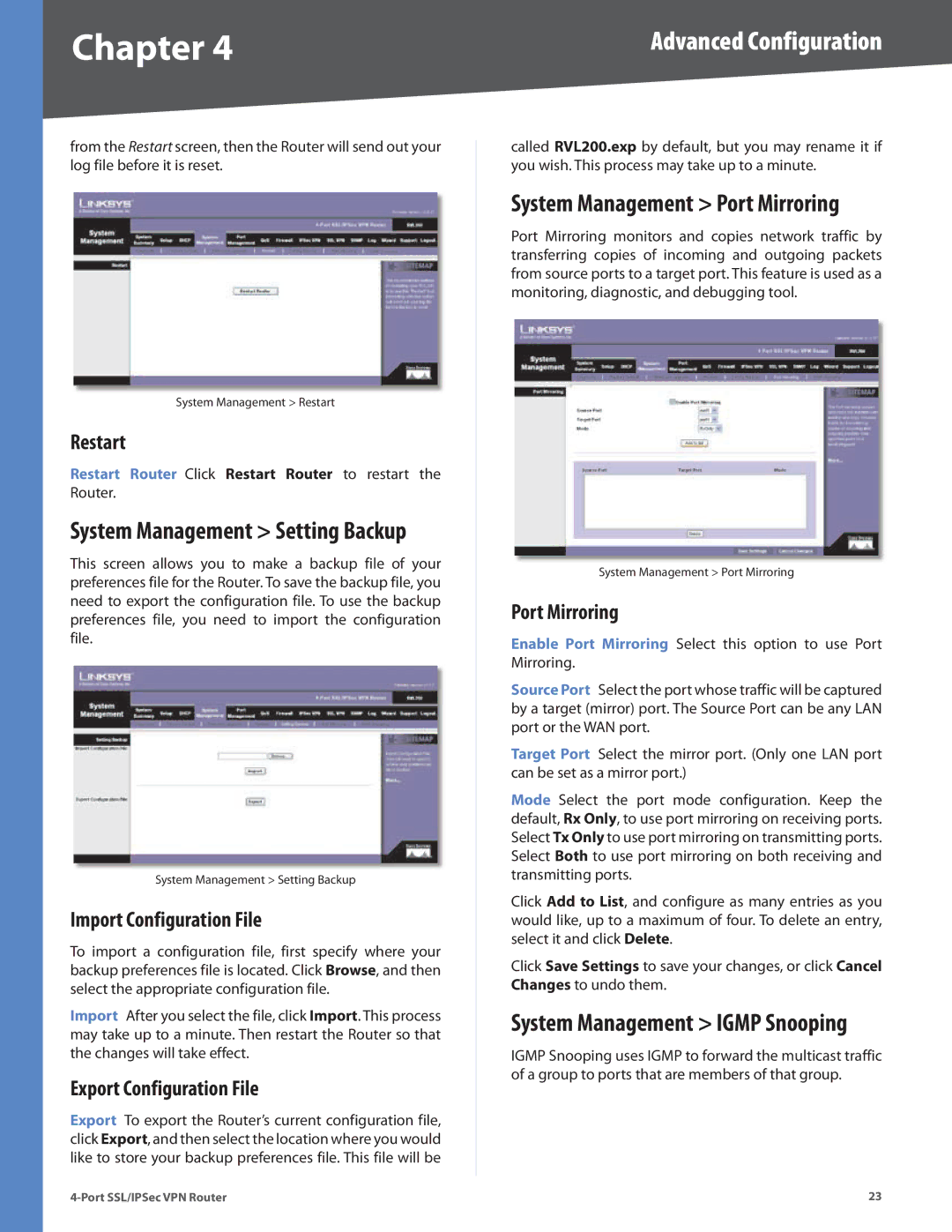 Cisco Systems RVL200 manual System Management Port Mirroring, Restart, Import Configuration File, Export Configuration File 