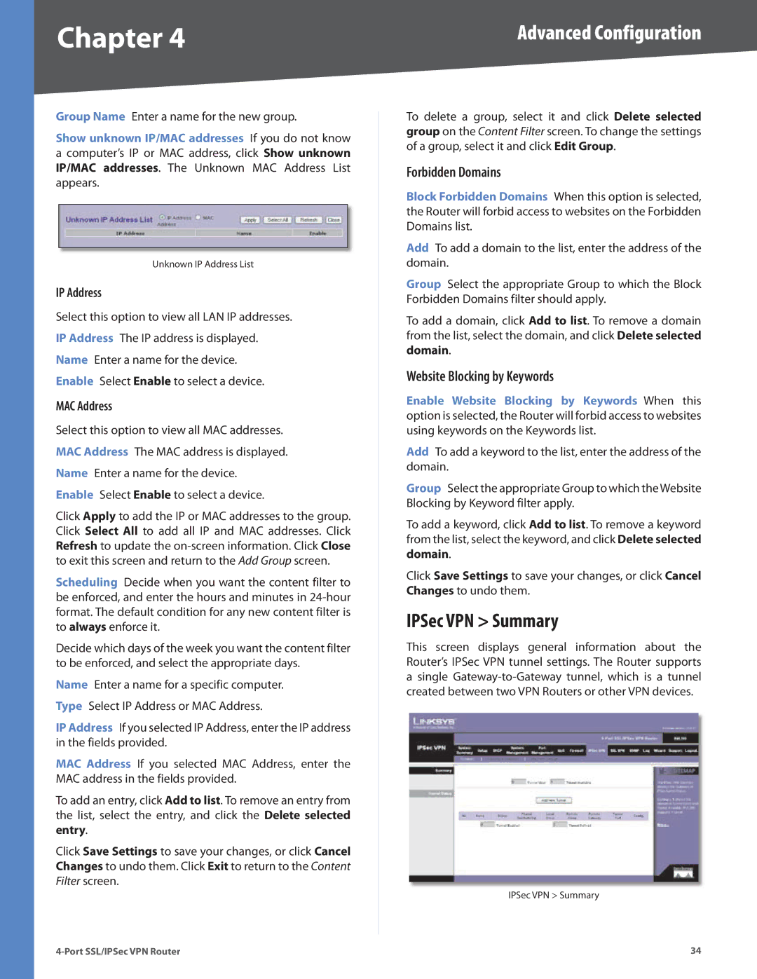 Cisco Systems RVL200 manual IPSec VPN Summary, Forbidden Domains, Website Blocking by Keywords, IP Address, MAC Address 