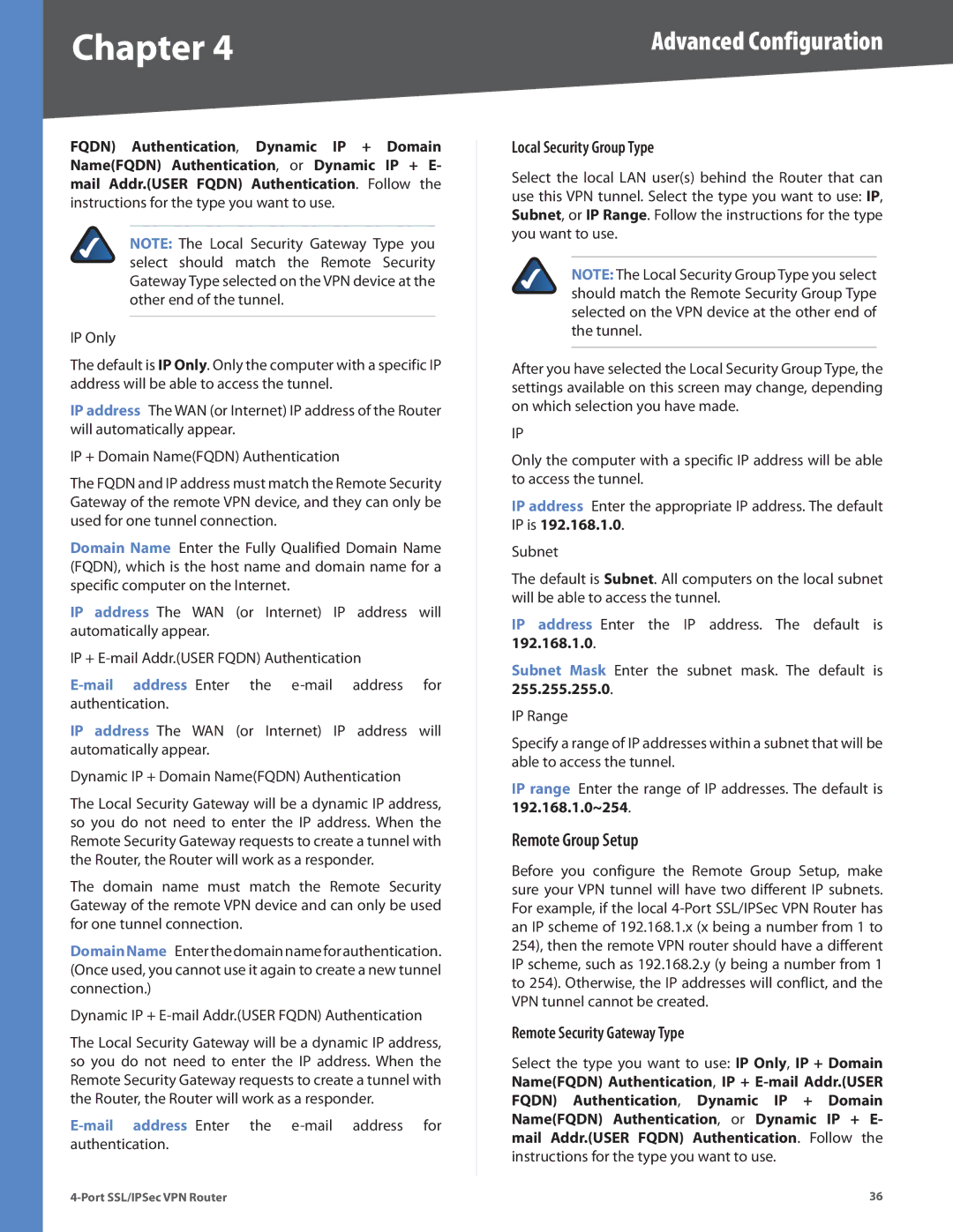 Cisco Systems RVL200 manual Remote Group Setup, Local Security Group Type, Remote Security Gateway Type 